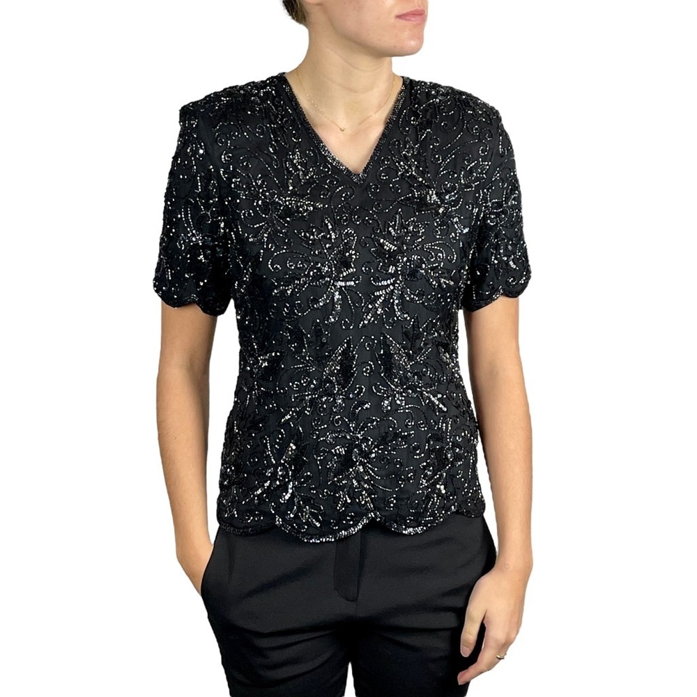 VINTAGE 90S SILK BLACK BEADED EMBELLISHED DYNASTY HOLIDAY EVENING BLOUSE STENAY